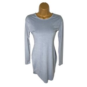 Windsor Faux Suede Bodycon Mini Dress XS Blue Long Sleeve Stretch Velour Look